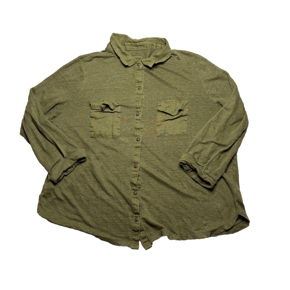 Sigrid Olsen Linen Shirt Women XL Olive Green Button Down 3/4 Sleeve Military